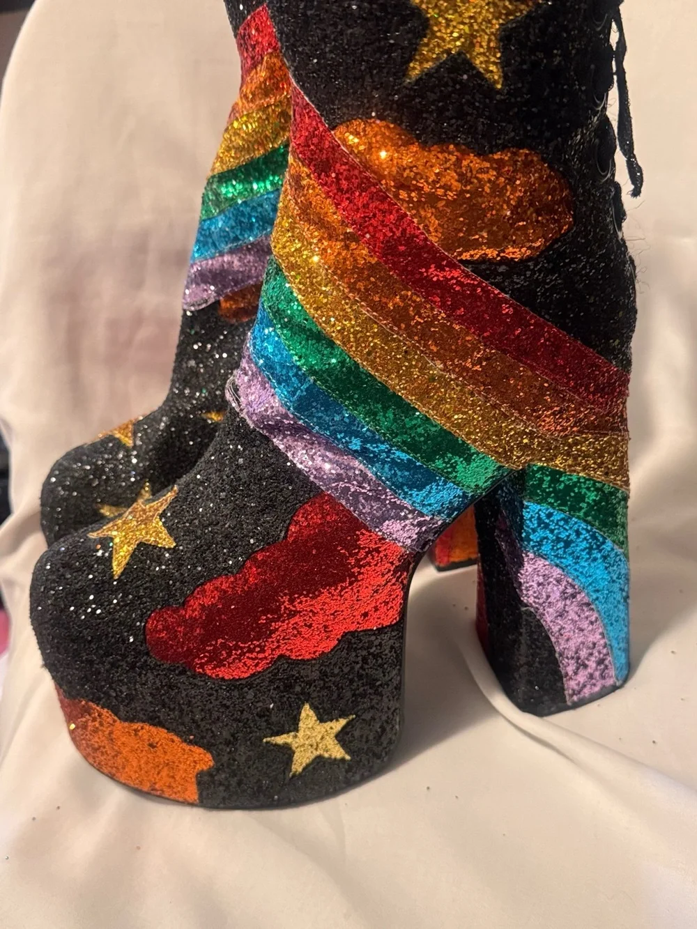 Dolls Kill Stars and Stripes black glitter platform lace back boots size 11